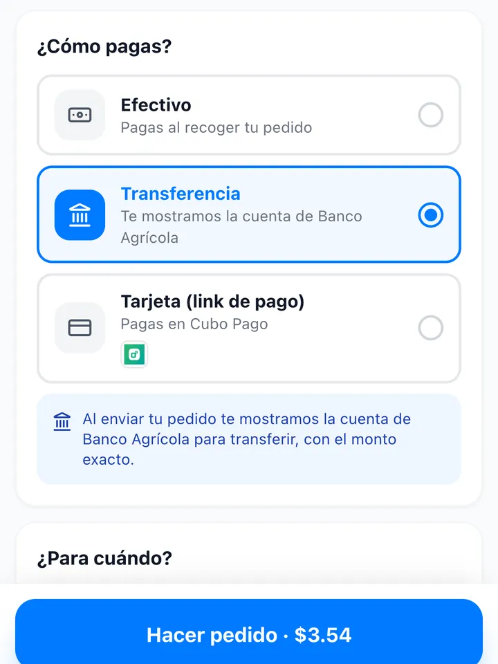 Pantalla donde el cliente elige cómo pagar: efectivo, transferencia o tarjeta con link de pago