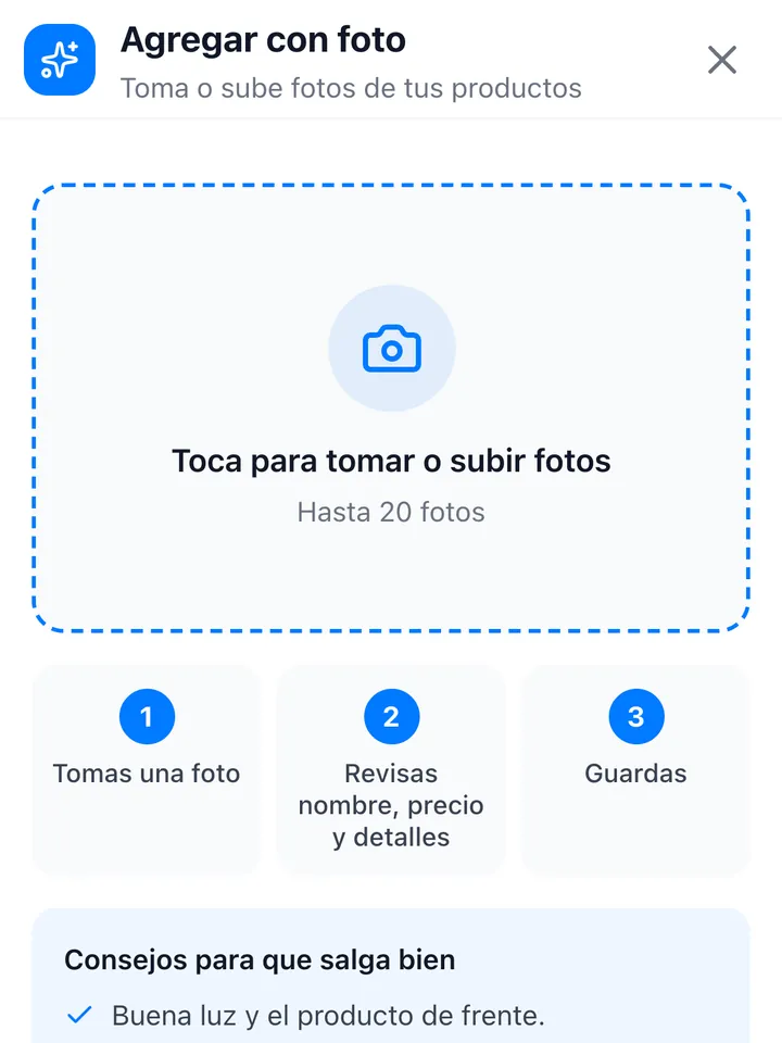 Pantalla Agregar con foto: toca para tomar o subir fotos de tus productos