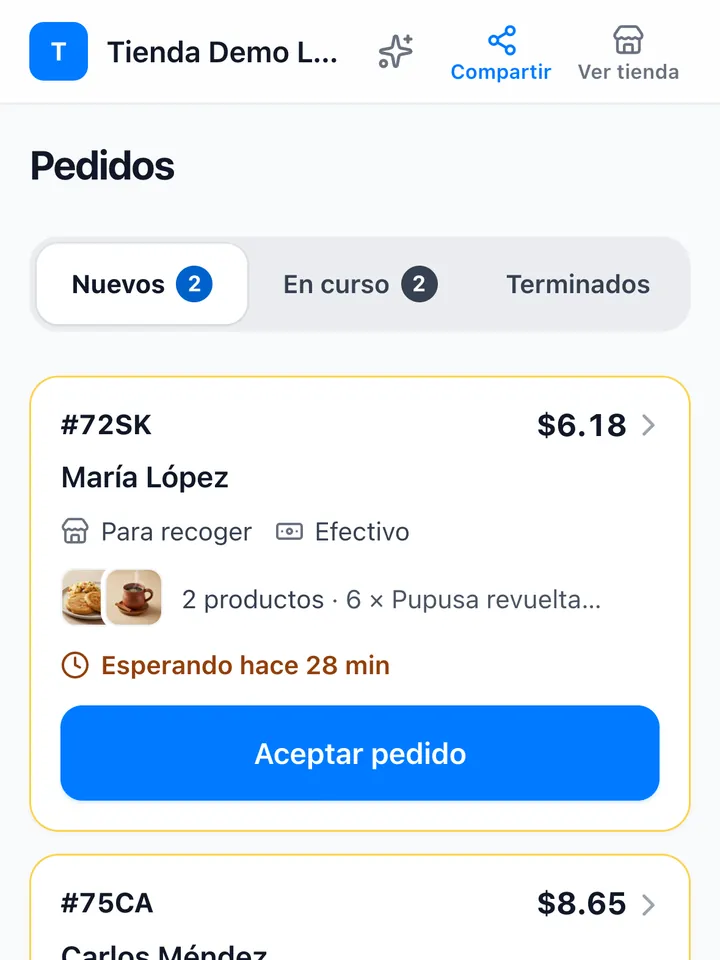 Pantalla de Pedidos con dos pedidos nuevos y el botón Aceptar pedido