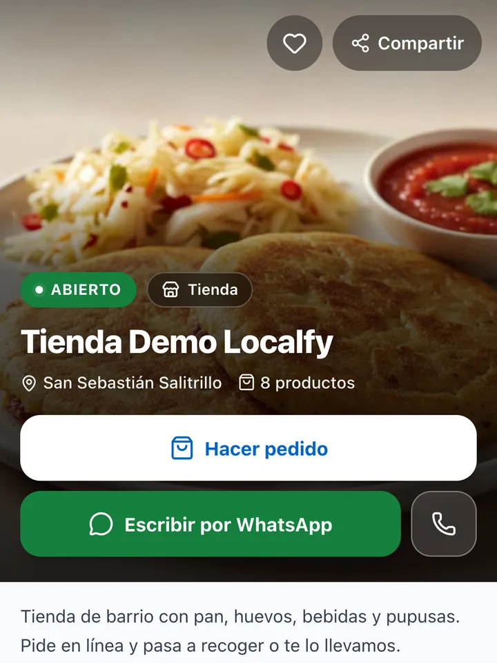 Tienda de ejemplo en Localfy con portada, botón Hacer pedido y WhatsApp