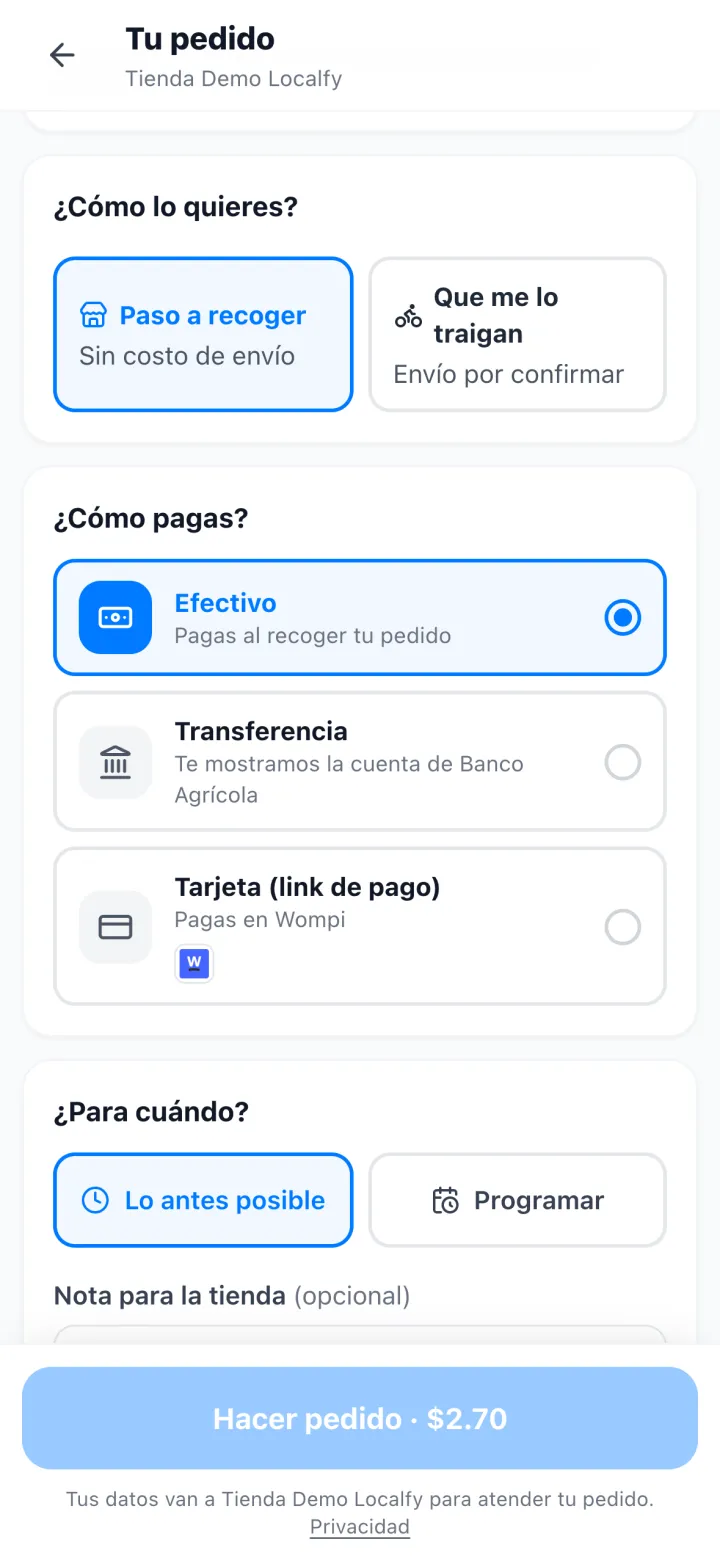 Pantalla donde el cliente elige cómo pagar: efectivo, transferencia o tarjeta con link de pago