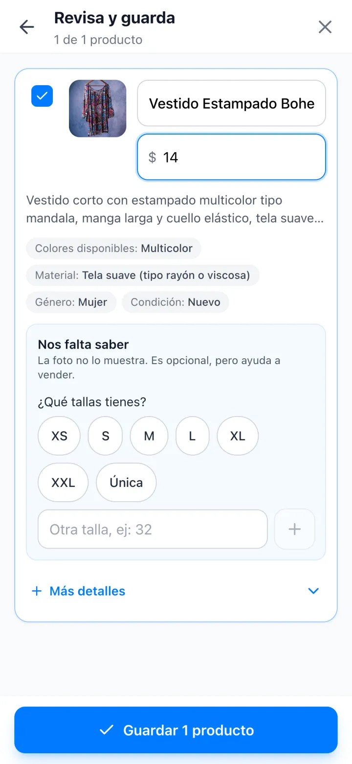 Producto llenado por la IA desde una foto: nombre, detalles y precio para revisar