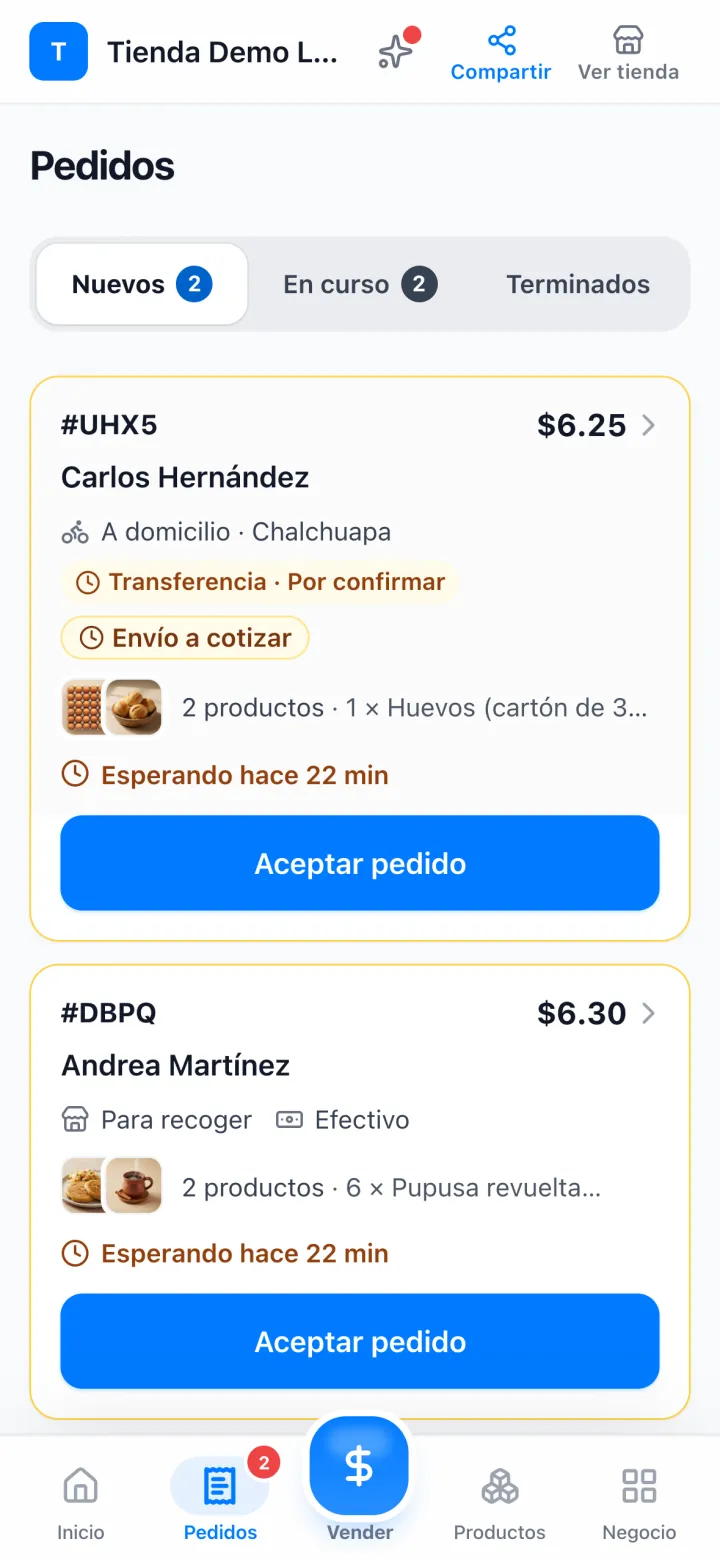 Pedidos nuevos con nombre del cliente, forma de pago y botón Aceptar pedido