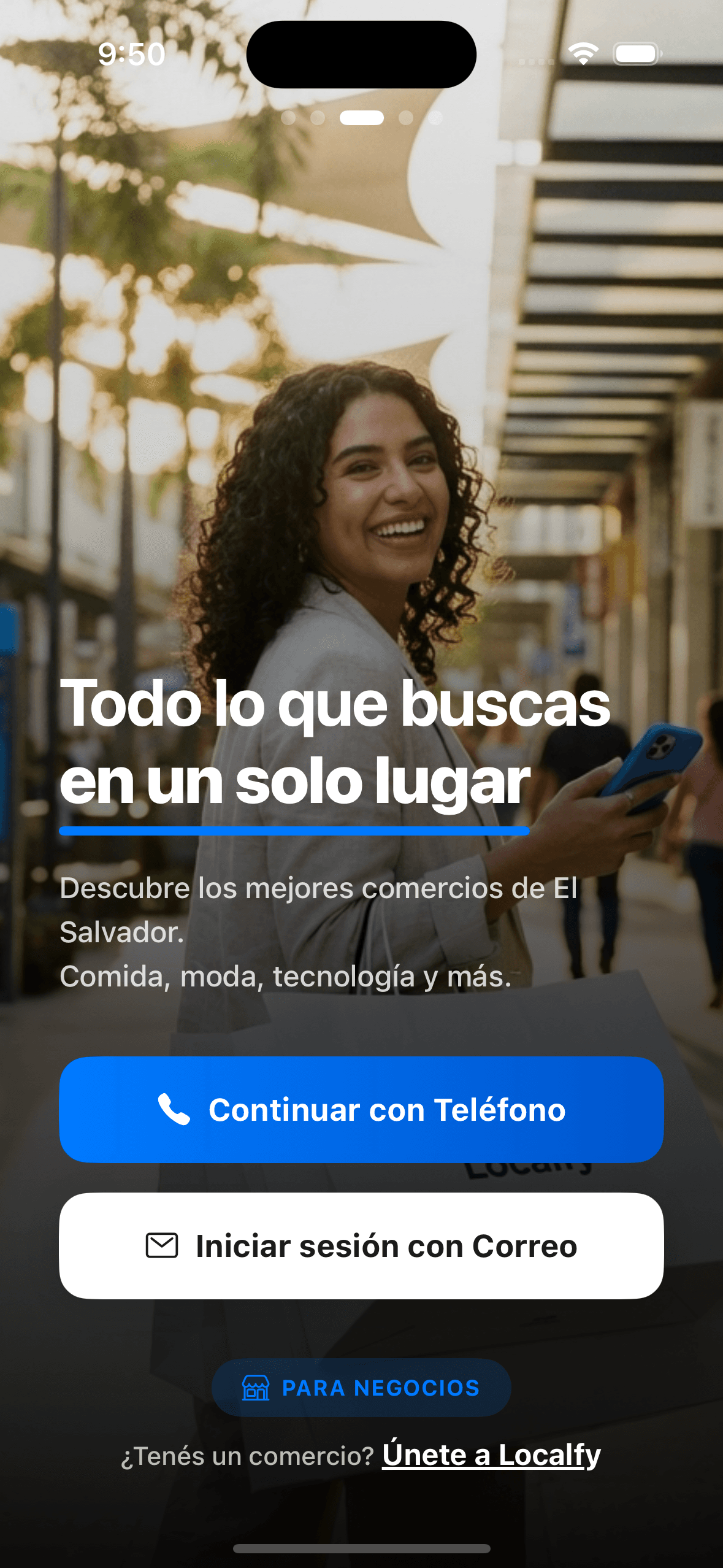 Pantalla de bienvenida de Localfy