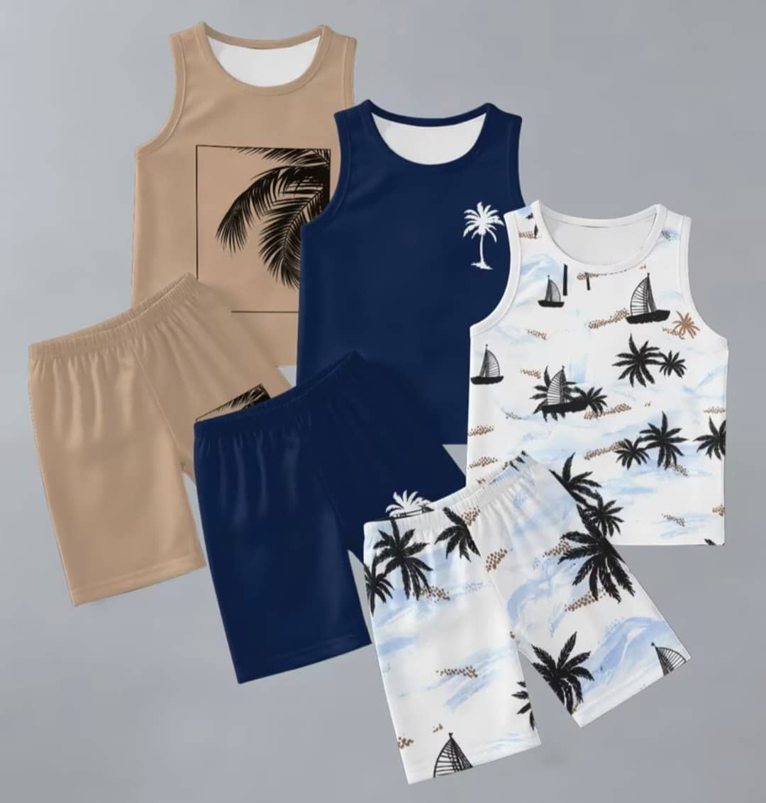 Conjunto playero beige con palmera + Conjunto playero azul marino + Conjunto playero blanco tropical
