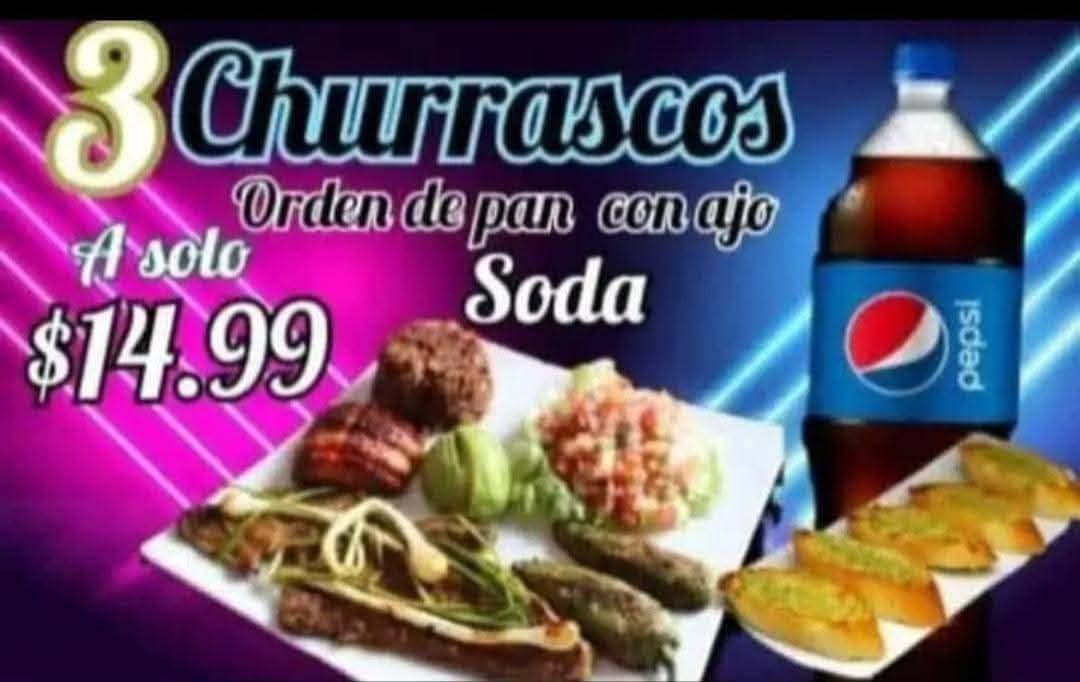 3 churrascos con pan con ajo y soda