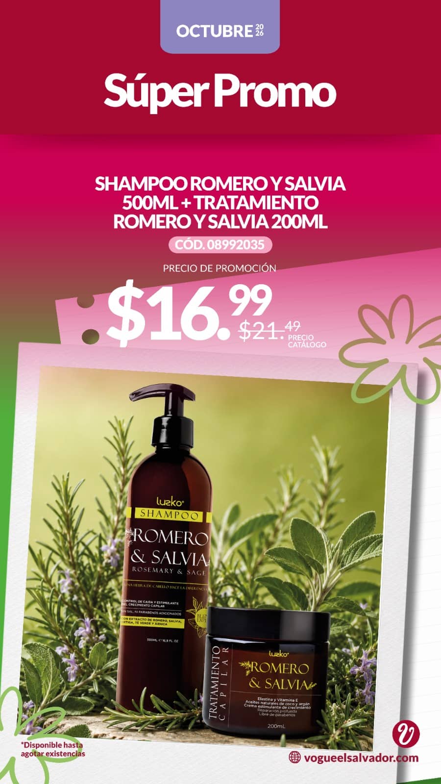 Shampoo romero y salvia 500 ml + tratamiento 200 ml
