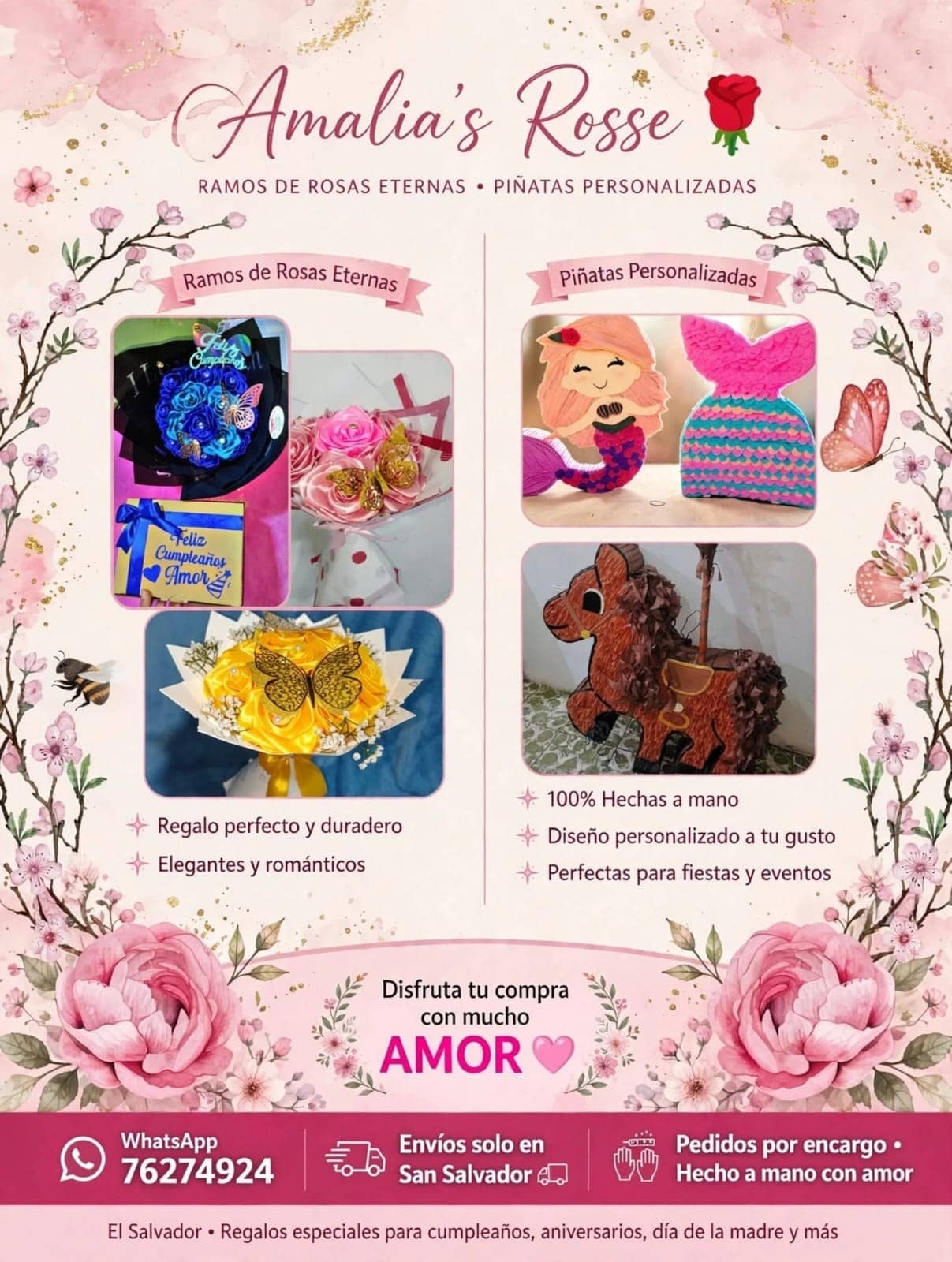 Ramo de Rosas Eternas + Piñata Personalizada de Sirena + Piñata Personalizada de Caballo