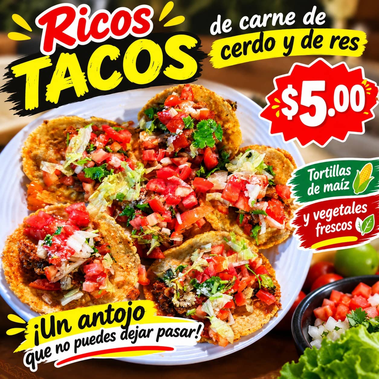 Tacos de carne de cerdo y res